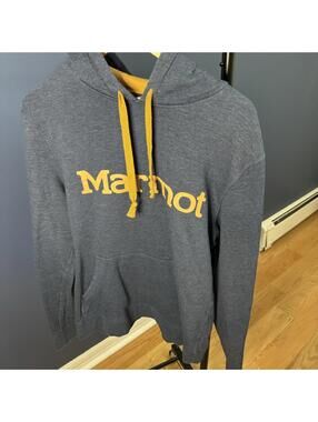Marmot Logo Hoodie Blue with Yellow Detail Mens Small